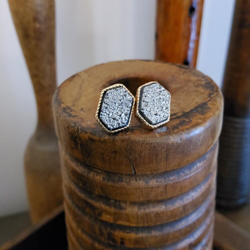 Women's Fashion Druzy Marquee Stud Earrings Hematite Stone Rich Charcoal